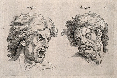 A frightened and an angry face, left and right respectively.