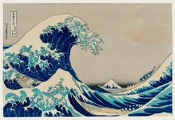 illustration of extreme waves bearing down on the boats with a view of Mount Fuji - Hokusai