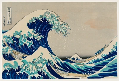 illustration of extreme waves bearing down on the boats with a view of Mount Fuji - Hokusai