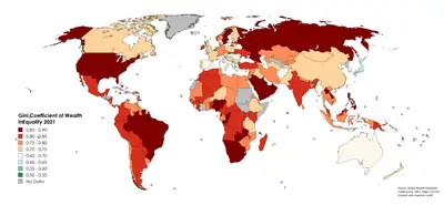 A map showing Gini coefficients for Wealth within countries for 2021 based on the report by Credit Suisse.