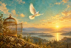 White bird taking flight from an open golden cage into the morning sky.