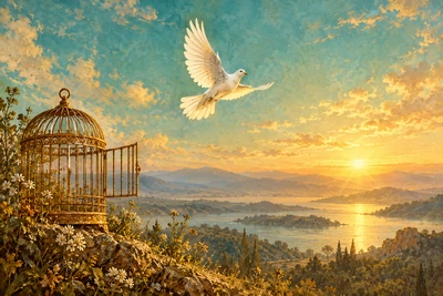White bird taking flight from an open golden cage into the morning sky.