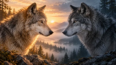 Two wolves facing each other, one in warm dawn light and the other in cool shade, symbolising the choices within us.