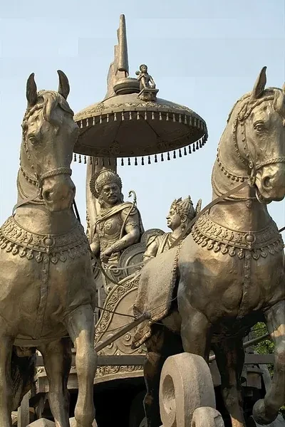 Arjuna and Krishna at the Mahabharata war, Bhagavad Gita, Kurukshetra, Haryana by Devajyoti Sarkar on Wikimedia