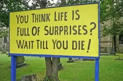 Wait Till You Die! Sign at St Luke's, Eccleshill, Bradford by Tim Green on flickr