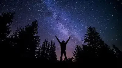 Milky Way at Midnight & Black Silhouette of Man & Forest Trees stars,milky way,sky,night, by MalaikaUbuntu on pxhere.com