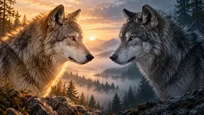 Two wolves facing each other, one in warm dawn light and the other in cool shade, symbolising the choices within us.